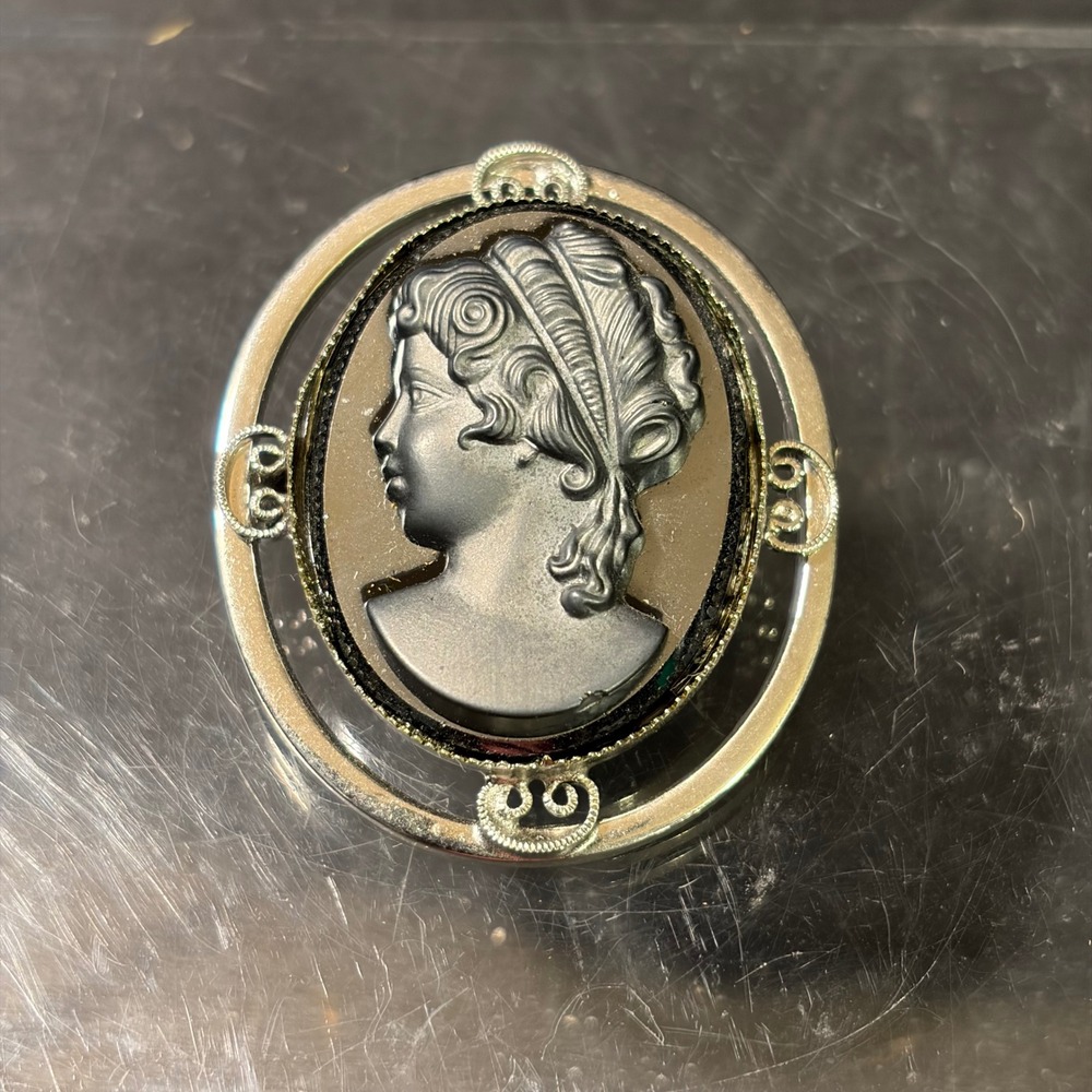 Vintage Hematite Glass Cameo Brooch Silver Tone Scroll Frame Oval Pin